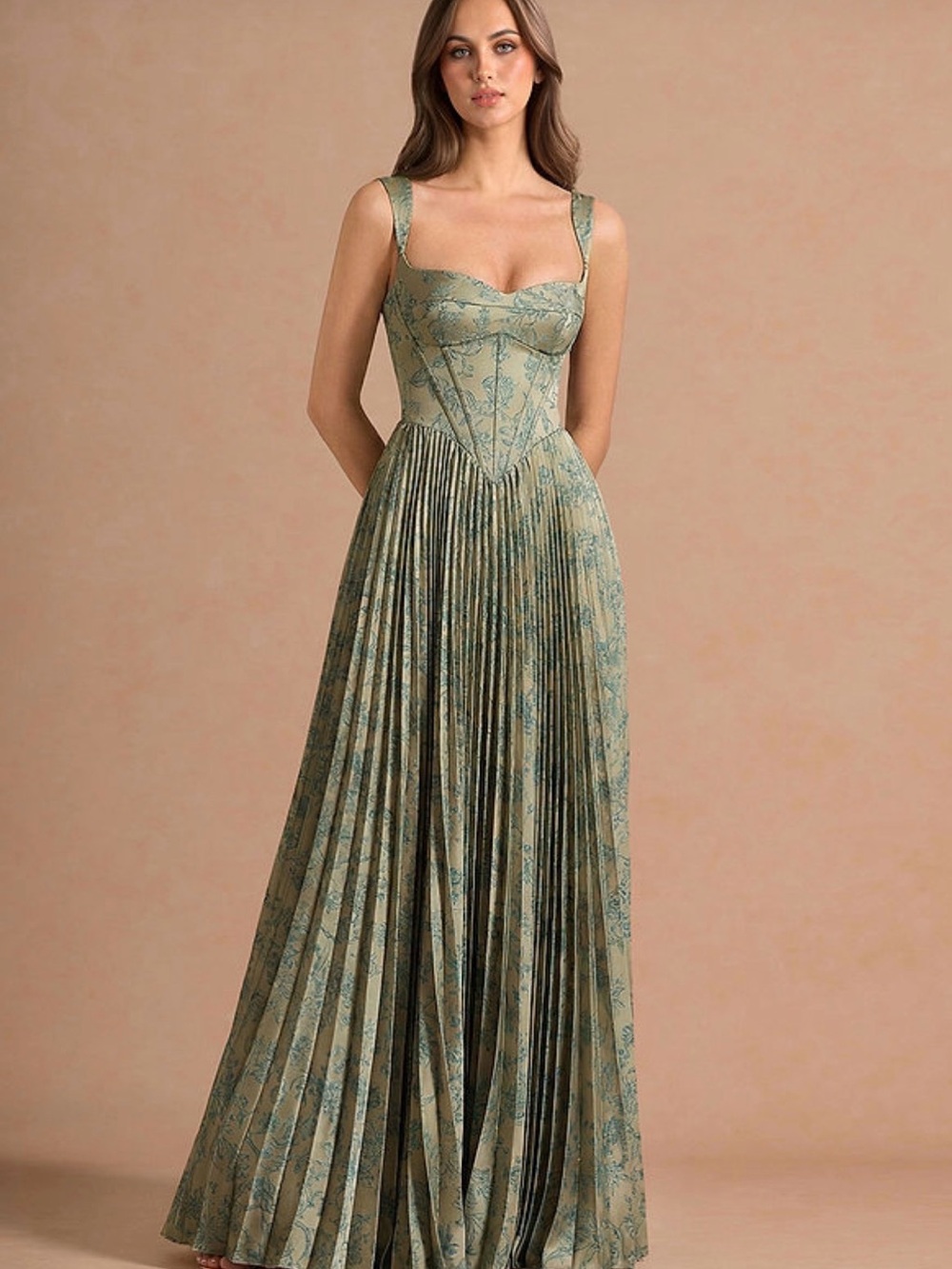 Azazie Green Floral Corset Pleated Maxi Dress